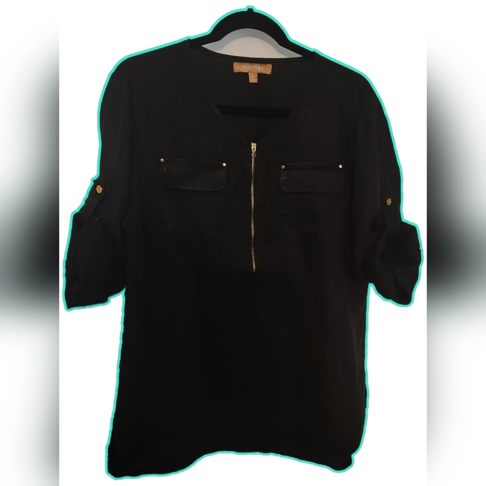 Ellen Tracy Black Lino Zip-Front Blouse